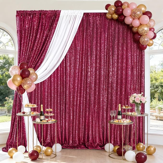 Burgundy Sequin Backdrop Curtains Party Photo Glitter Drapes 2 Pcs 2FTx8FT | - Image 3