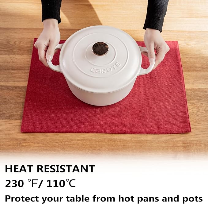 Demetex Placemats Set of 6 Red Linen Wipeable Place Mats Heat Resistant Cloth - Image 4
