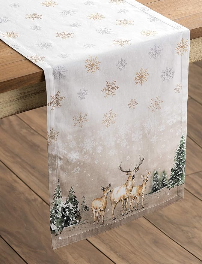 Maison d' Hermine Table Runner 100% Cotton Single Layer Table Runners 48 inches Long for Thanksgiving Christmas Decorations Home Kitchen Dining Party Wedding (Deer in The Woods, 14.5" x 48")