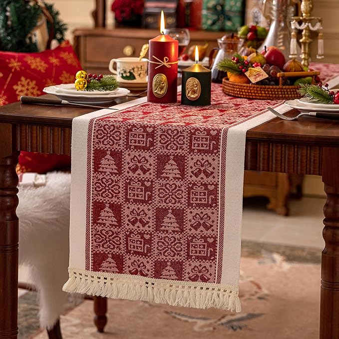 Table Runners 83 Inches,Christmas Tree Table Runner with Tassel Fringe,Gift Table Runner for Party，Coffee Table, Festival