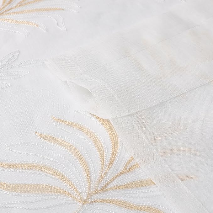 White Sheer Curtains Beige Embroidered Leaf 2 Panels 54 Inches | Light - Image 5