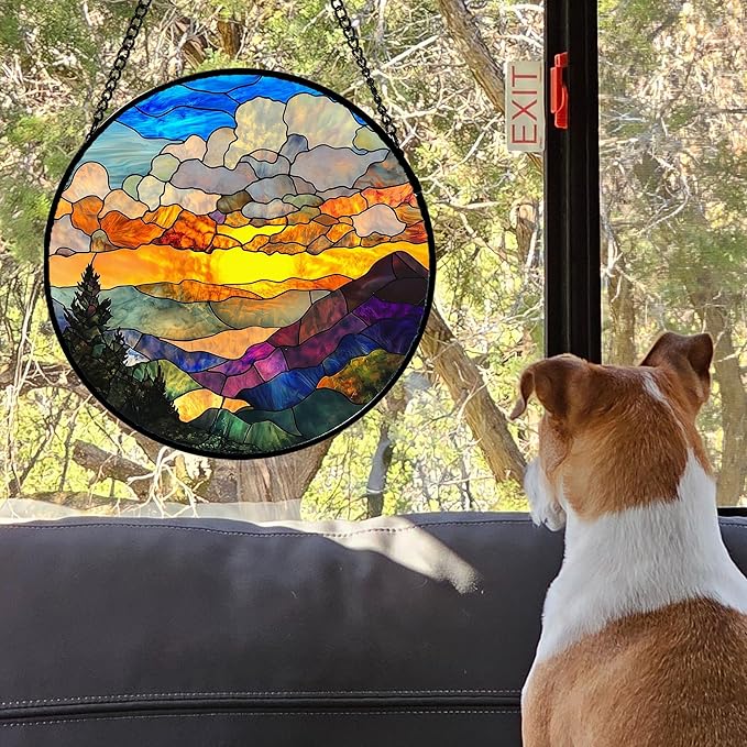 Stained Glass Window Hanging, Abstract Clouds Mountains Landscape Suncatcher for Doors Window Home Sun Catchers Decor Mother's Day Birthday Gifts for Women, Men Mom 6.3 in