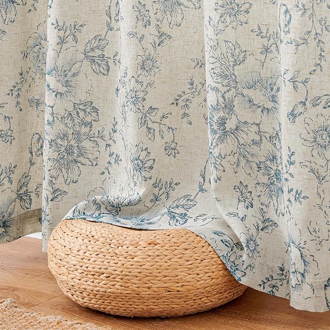jinchan Blue Floral Linen Curtains Lined 84 Inch Vintage Back Tab 2 Panels | - Image 8