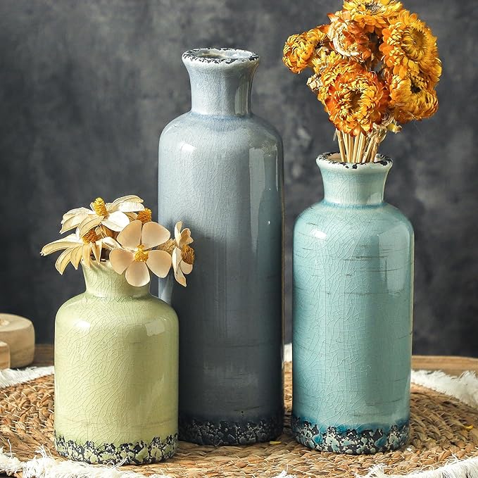 Flower Vase Set of 3, Ceramic Neutral Vases Home Decor, Pottery Rustic by ooit