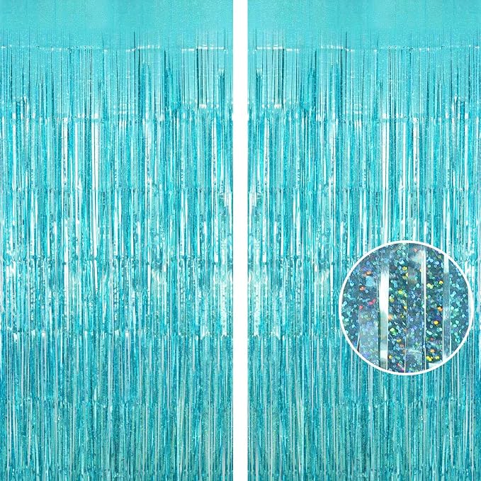 Blue Tinsel Foil Fringe Curtain Backdrop, 3.3 x 8.2 ft Metallic Glitter Curtain by AIQINHU