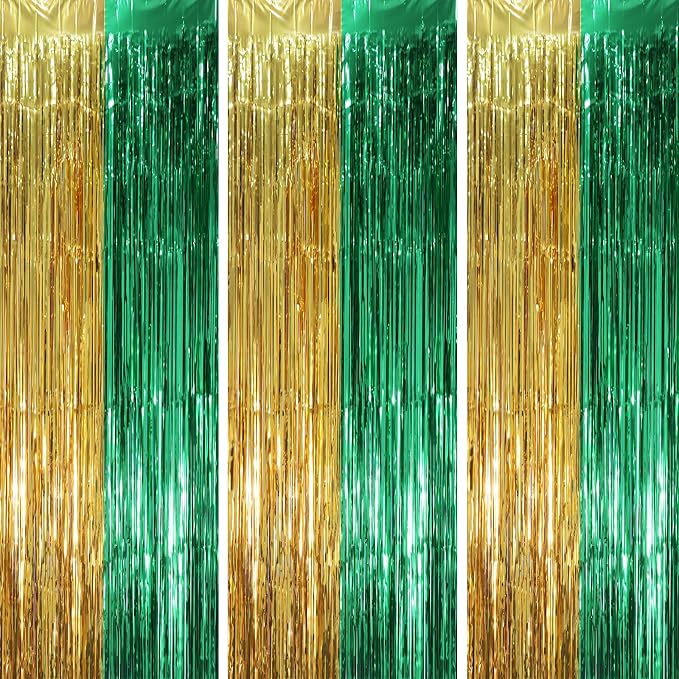 Voircoloria Green Gold Foil Fringe Backdrop Curtains, 3 Pack | Tinsel Streamers by Voircoloria