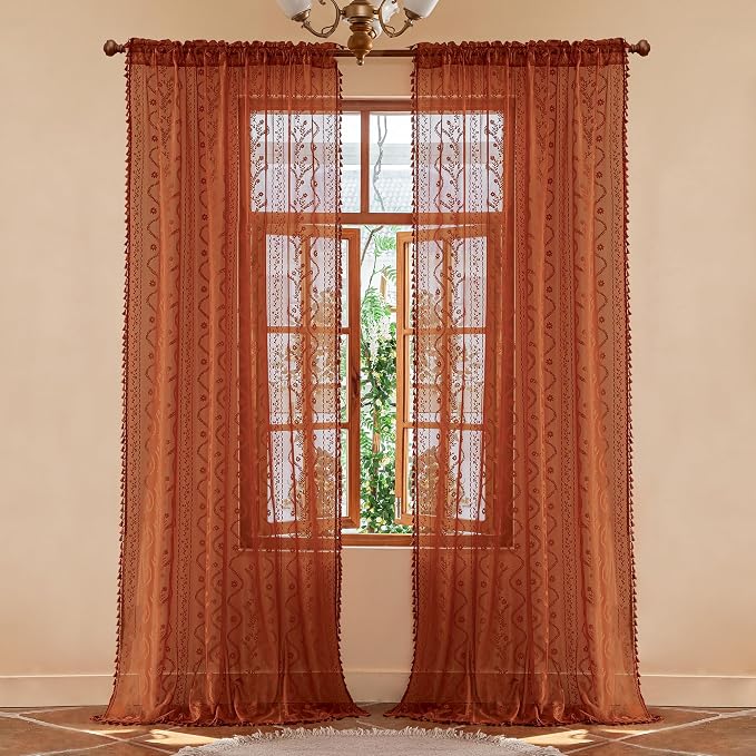 WAZZIO Boho Lace Curtains 96 Inch 2 Panels-Vintage Sheer Panel Drape Floral - Image 3