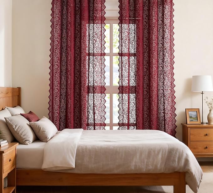 Bujasso Burgundy Red Lace Sheer Curtains - Image 5