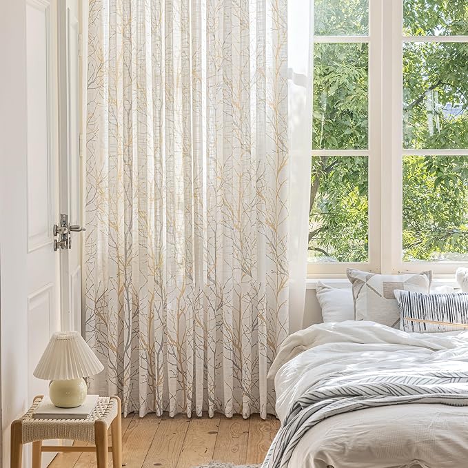 FMFUNCTEX Linen Yellow White Semi Sheer Print Curtains 72 Inch 2 Panels | Tree - Image 5