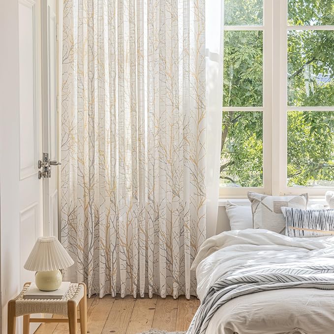 FMFUNCTEX Linen Yellow Grey Semi Sheer Patio Curtains 96 Inch Long 1 Panel | - Image 4