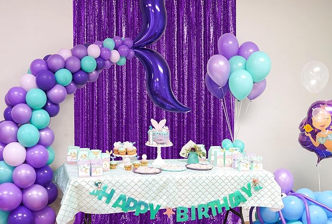 Purple Sequin Backdrop Curtains Party Photo Glitter Drapes 2 Pcs 2FTx8FT | - Image 5