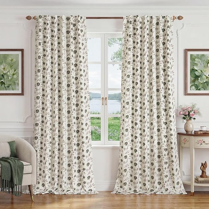 Beauoop Floral 100% Blackout Curtains Bedroom Green Brown 52x96 2 Panels | Rose - Image 2