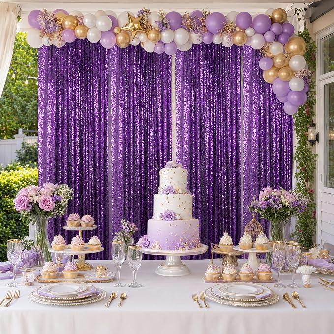 ShinyBeauty Purple Sequin Backdrop Curtains 4 Panels 2x8ft Photo Booth | - Image 2