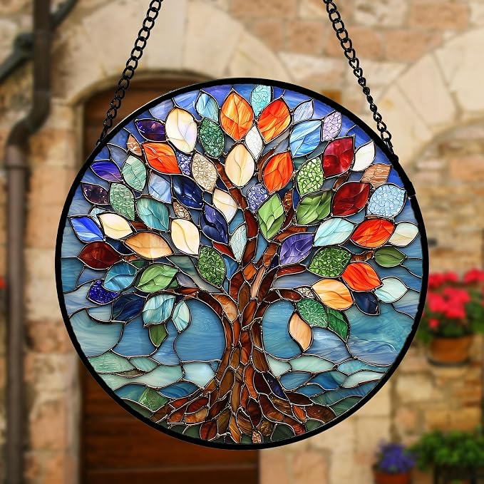 DASTOLL Stained Glass Window Hanging, Colorful Tree of Life Sun Catchers Glass - Image 3