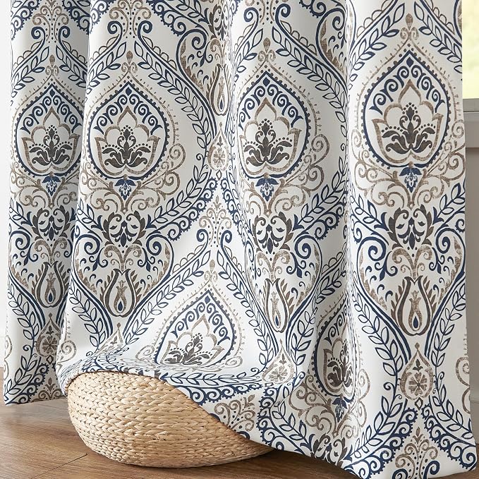 jinchan Blue Blackout Curtains 90 Inch Damask Vintage Grommet 2 Panels | Room - Image 6