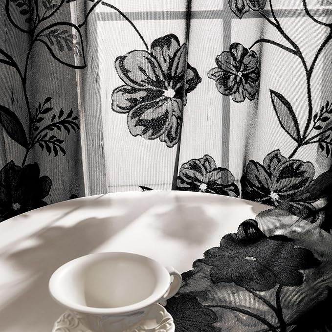 Treatmentex Black Lace Curtains 63inch Rose Floral and Leaf Sheer Decorative - Image 9