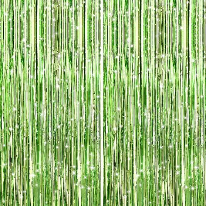 GCB 2Pack Light Green Foil Curtain Backdrop Green Metallic Tinsel Foil Fringe by GCBPartyDecorations