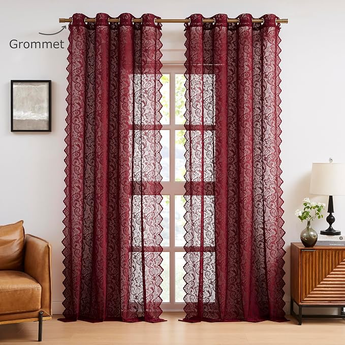 Bujasso Burgundy Red Lace Sheer Curtains 84 inch Length - Image 7