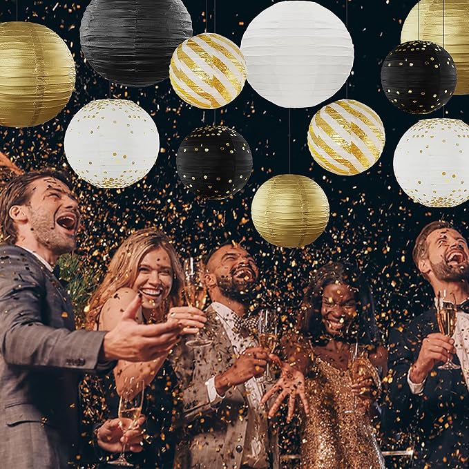 12PCS Black Gold Hanging Paper Lanterns Graduation Party Decor | Black and Gold - Image 5