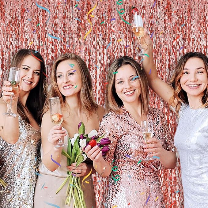 BOMSI Rose Gold Tinsel Foil Fringe Curtains Wavy Backdrop - Image 3