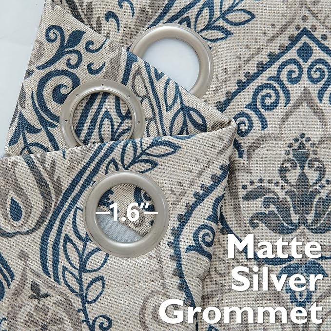 Navy Paisley Linen Textured Curtains 63 in Vintage Grommet 2 Panels | Room - Image 6