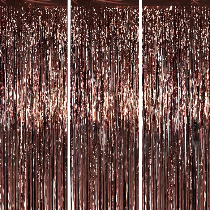 Voircoloria Brown Foil Fringe Backdrop Curtains, Birthday Party Decorations by Voircoloria