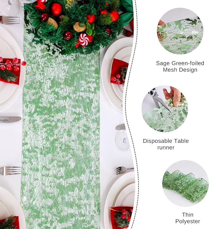 Snowkingdom Sage Green Table Runner, Sequin Glitter Foil Metallic Sage Green - Image 4