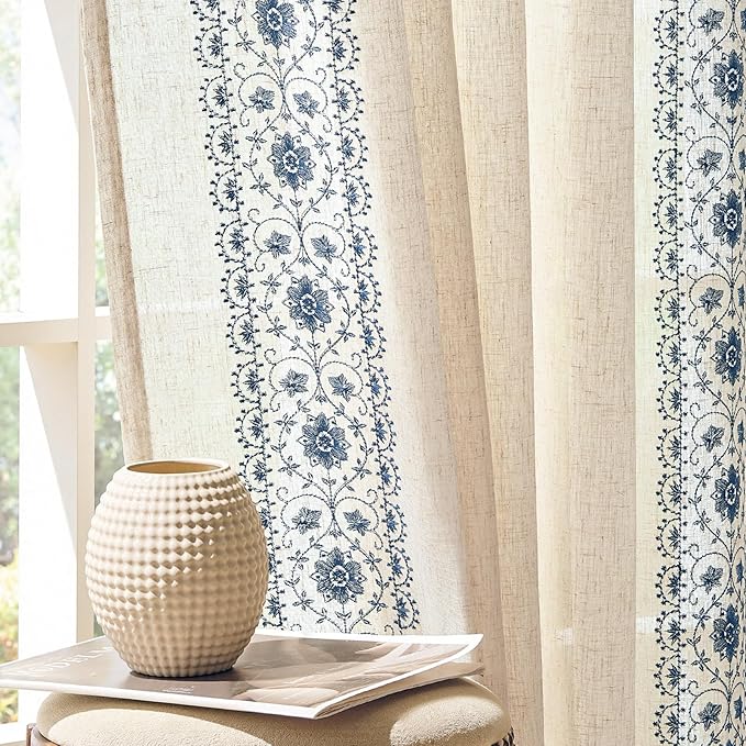 jinchan Floral Linen Curtains Embroidered Back Tab 50x90in 2 Panels Blue | by JINCHAN