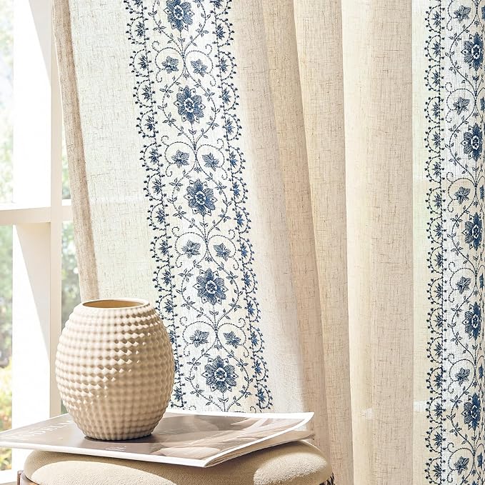 jinchan Floral Linen Curtains Embroidered Back Tab 50x63in 2 Panels Blue | by JINCHAN