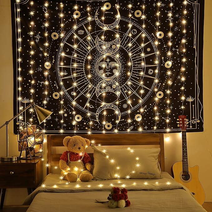 Meonum Curtain Tapestry Backdrop String Lights, Each 13 Strings 6.6 x 5 ft Tapestry Fairy String Light, 8 Modes Window Wall Hanging Light Strings for Bedroom Christmas Curtain Decor(2 Pack)