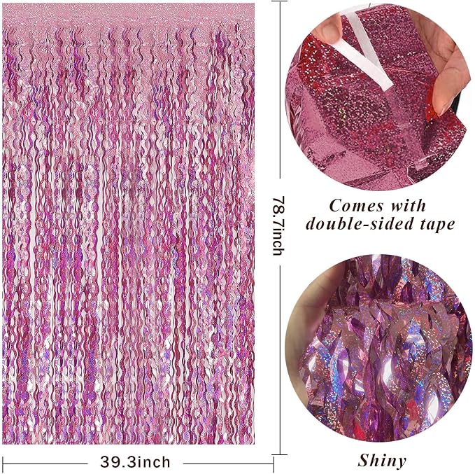 Pink Backdrop Party Decorations Pink Streamers Tinsel Foil Fringe Curtains Wavy - Image 2