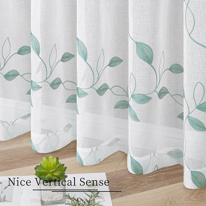 Tollpiz Teal Blue Leaf Sheer Curtain Leaves Embroidered Living Room Short - Image 4