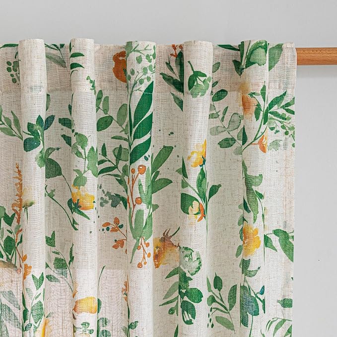 MYSKY HOME Linen Floral Curtains 63 inches Long 2 Panels Set by MYSKYHOME
