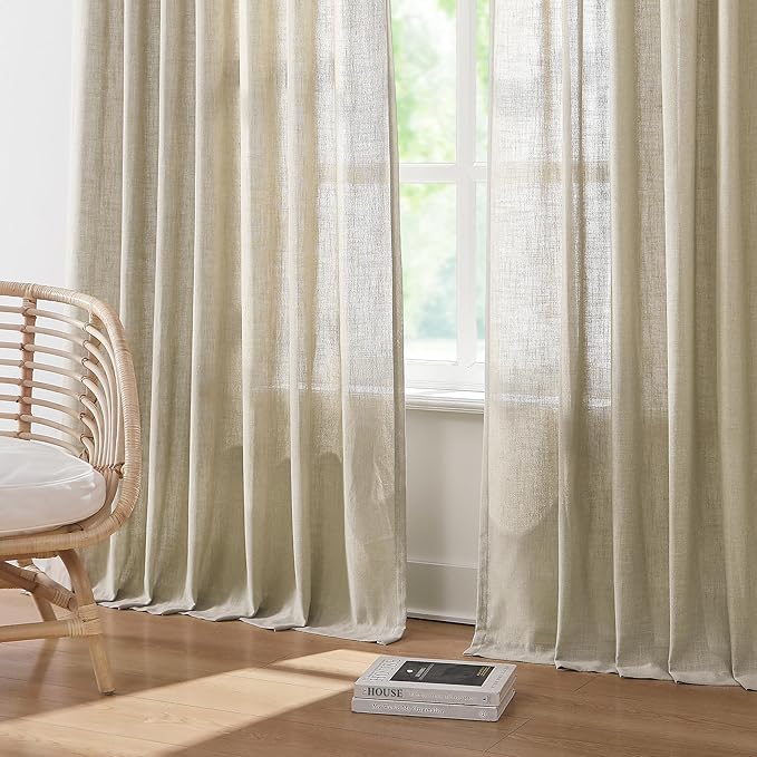 Vision Home Sand Pinch Pleated Semi Sheer Curtains Textured Linen Blended Light Filtering Window Curtains 95 inch for Living Room Bedroom Patio Pinch Pleat Drapes with Hooks 1 Panel 84" Wx95 L