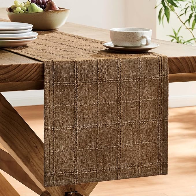 Linen Checked Farmhouse Table Runner, 13x36 Inches Roasted Brown | Raised Grid - Image 4