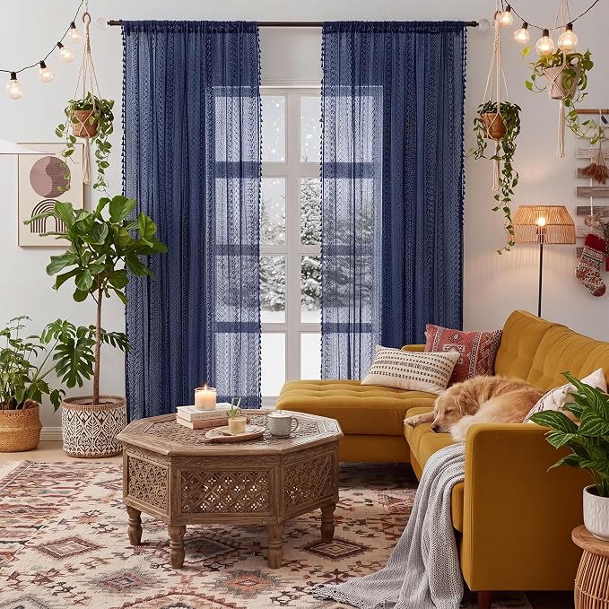 WAZZIO Boho Lace Curtains 84 Inches 2 Panel, Light Filtering Privacy Tassel & by WAZZIO