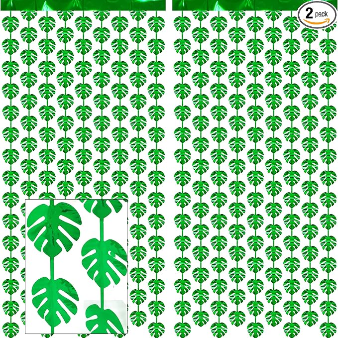 2 Packs Jungle Leaf Foil Fringe Curtain, Baby Shower, Hawaiian Aloha Luau Party by BSRESIN