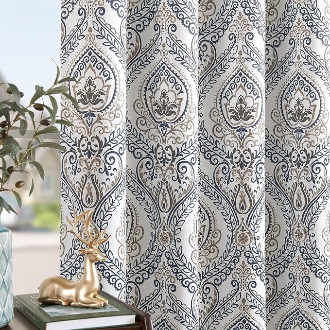 jinchan Blue Blackout Curtains 90 Inch Damask Vintage Grommet 2 Panels | Room - Image 2