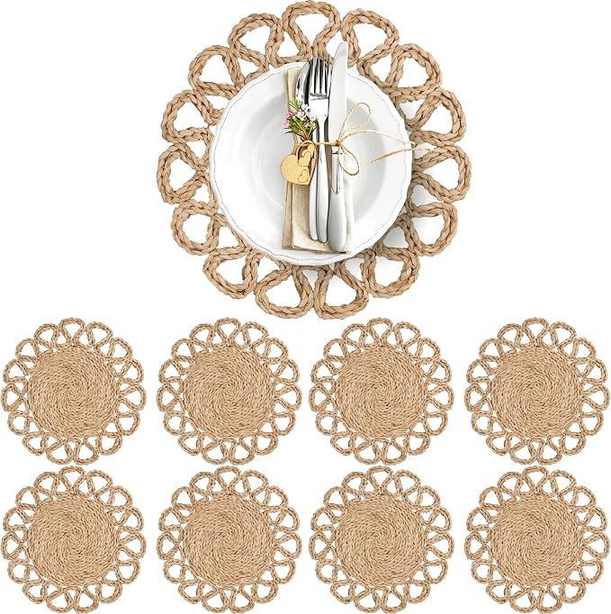 13.8" Corn Husk Woven Round Placemats Set of 8 by DaiVuCrafts