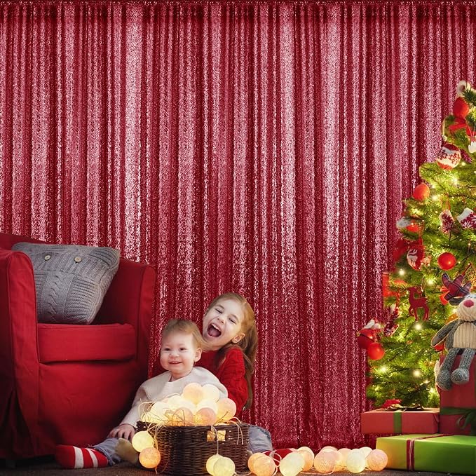 2×8FT-2PCS Burgundy Red Sequin Backdrop Curtains Panels, Photography Backdrop - Image 2