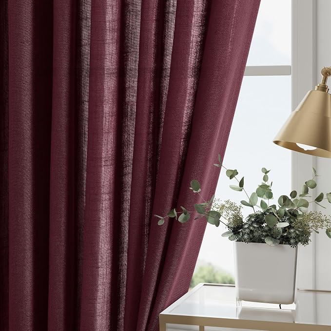 Burgundy Linen Curtains 102 Inches Long Rod Pocket Back Tab Drapes 2 Panels Set - Image 4