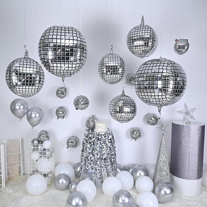 HILAVO 16PCS Disco Ball Balloons, 32in 22in 10in Large 4D Metallic Silver Disco - Image 2