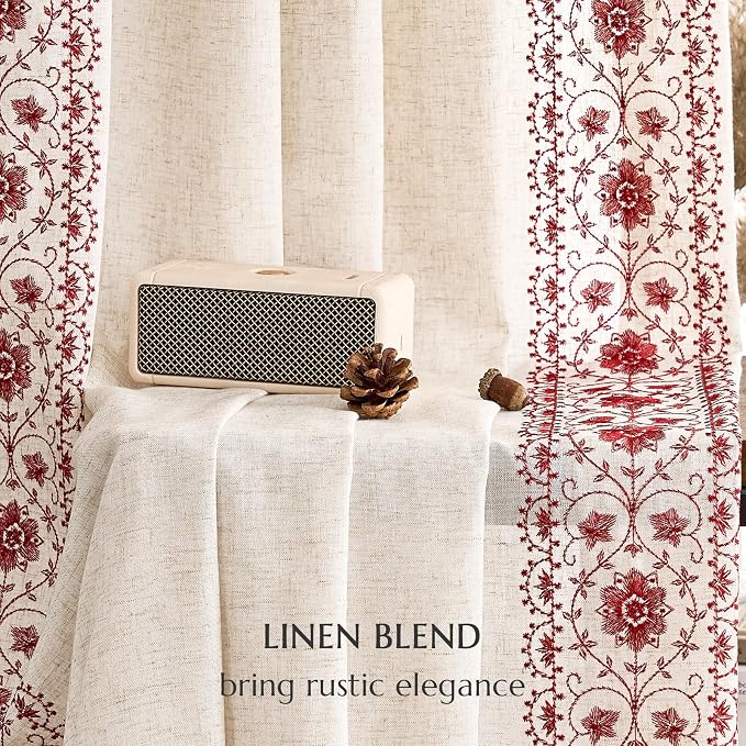 jinchan Floral Linen Curtains Embroidered Back Tab 50x96in 2 Panels Red | Light - Image 9