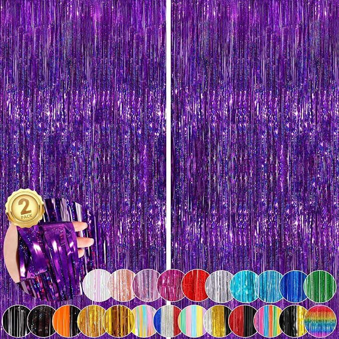 2 Pack Purple Metallic Tinsel Foil Fringe Curtains, Foil Curtain Backdrop by UWPVOWSR