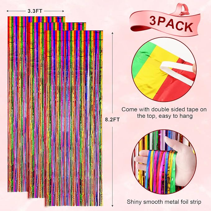 Voircoloria Rainbow Foil Fringe Backdrop Curtains, 3 Pack | Tinsel Streamers - Image 3
