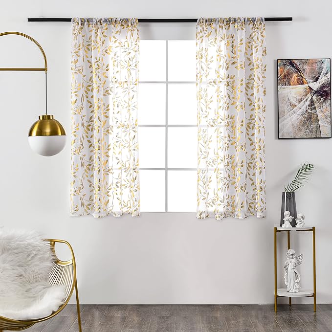 Sutuo Home Sheer Curtains 63 Inch Length 2 Panels, Luxury Gold Foil Print - Image 2