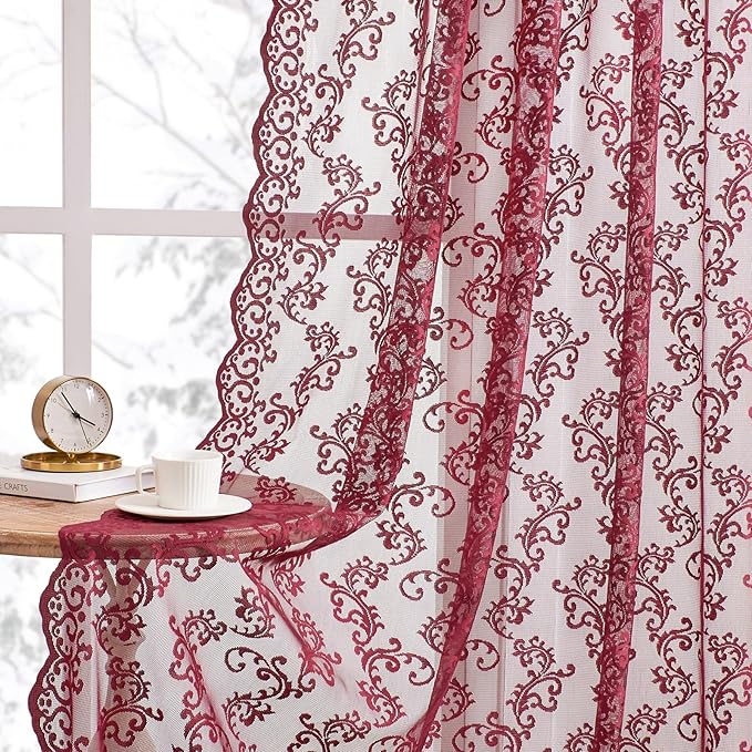Burgundy Lace Curtains 96 Inches Long 2 Panels Modern Romantic Wine Lace - Image 2
