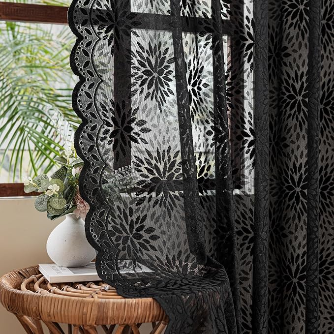 MIULEE Black Lace Curtains 96 inches Long, Victorian Floral Semi Sheer Curtains by MIULEE