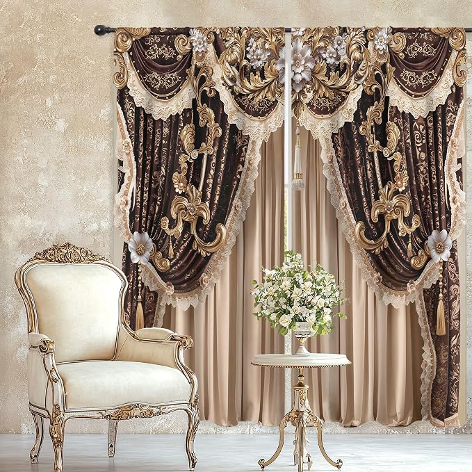 Brown Vintage Elegant Luxury No Tassel Living Room Bedroom Window Curtains | by Riyidecor