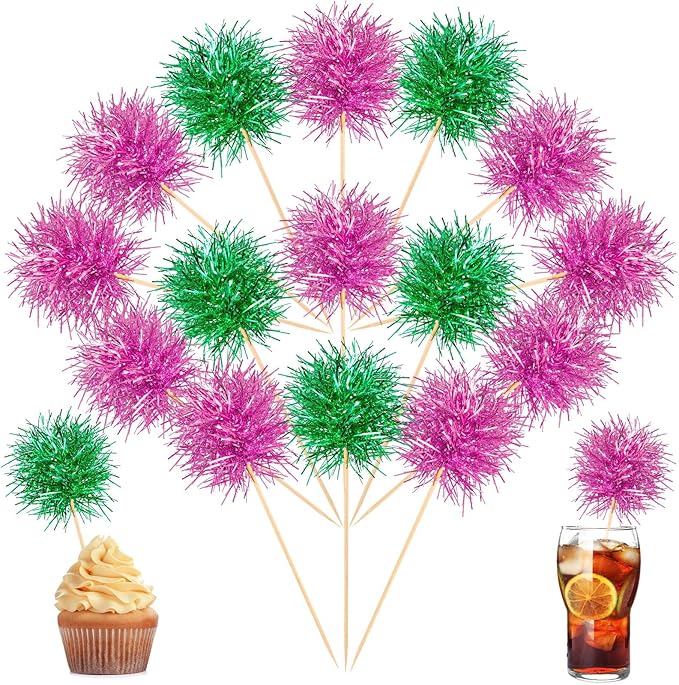 Chinco 100 Pcs Pink and Green Foil Firework Witch Cupcake Toppers Party Favors by Chinco